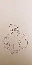 Size: 4160x2080 | Tagged: safe, artist:tjpones, oc, oc only, oc:tjpones, earth pony, pony, abs, bipedal, glasses, grayscale, lineart, male, me irl, monochrome, muscles, solo, stallion, swole, traditional art, wat