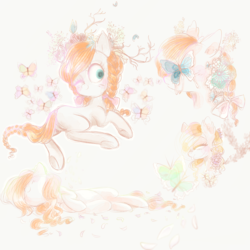 Size: 5000x5000 | Tagged: safe, artist:pinkablue, oc, oc only, oc:flowering, butterfly, earth pony, pony, absurd resolution, blushing, braid, braided tail, crying, ear fluff, eyes closed, female, flower, flower in hair, lying, mare, one eye closed, open mouth, petals, ribbon, simple background, sketch, sketch dump, smiling, solo, wink