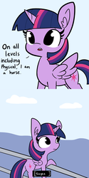 Size: 1650x3300 | Tagged: safe, artist:tjpones, twilight sparkle, alicorn, pony, g4, :|, captain obvious, comic, descriptive noise, dialogue, ear fluff, female, horse noises, leaning, looking up, mare, meme, misleading thumbnail, neigh, on all levels except physical, open mouth, raised hoof, spread wings, subtitles, twilight sparkle (alicorn), wings