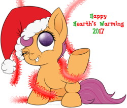 Size: 2033x1729 | Tagged: safe, artist:underwoodart, scootaloo, pony, g4, christmas, cute, cutealoo, female, hat, holiday, one eye closed, santa hat, simple background, solo, tinsel, transparent background