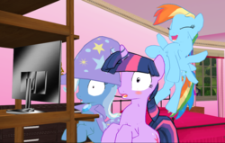 Size: 1022x650 | Tagged: safe, artist:imperialdraco, rainbow dash, trixie, twilight sparkle, g4, 3d, computer, female, lesbian, mmd, reaction image, ship:twixie, shipping, story included