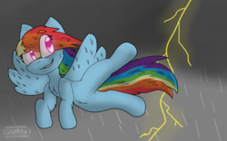 Size: 1024x640 | Tagged: safe, artist:zohto, rainbow dash, pony, g4, female, flying, lightning, rain, solo