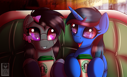 Size: 2800x1700 | Tagged: safe, artist:elmutanto, oc, oc only, oc:robobloom, oc:sapphire sky, alicorn, earth pony, pony, robot, cafe, coffee, duo, duo female, family, female, raribot family, sisters, teenager