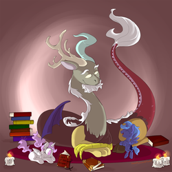 Size: 1560x1560 | Tagged: safe, artist:friendlyraccoon, discord, princess celestia, princess luna, g4, book, candle, cewestia, female, filly, pink-mane celestia, woona, younger