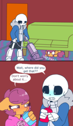 Size: 2600x4524 | Tagged: safe, artist:synnibear03, scootaloo, oc, oc:ponytale scootaloo, anthro, comic:ponytale, g4, comic, female, male, sans (undertale), scootasans, shipping, straight, undertale