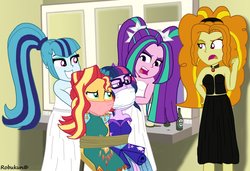 Size: 1080x739 | Tagged: safe, artist:robukun, adagio dazzle, aria blaze, sci-twi, sonata dusk, sunset shimmer, twilight sparkle, equestria girls, g4, mirror magic, spoiler:eqg specials, alcohol, angry, annoyed, beer, beer bottle, bondage, bottle, bound and gagged, cloth gag, clothes, crystal gala dress, dress, dresser, gag, gem, happy, heineken, help us, room, siren gem, the dazzlings, tied to chair, tied up