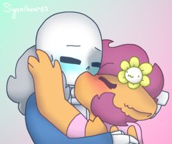 Size: 2140x1788 | Tagged: safe, artist:synnibear03, scootaloo, oc, oc:ponytale scootaloo, anthro, comic:ponytale, g4, :3, crossover, crossover shipping, female, flowey, gradient background, kiss on the lips, kissing, male, sans (undertale), scootaloo loves sans, scootasans, shipping, straight, undertale
