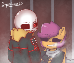 Size: 2600x2200 | Tagged: safe, artist:synnibear03, scootaloo, oc, oc:ponytale scootaloo, anthro, comic:ponytale, g4, crossover, crossover shipping, edgy, female, high res, male, sans (undertale), scootaloo loves sans, scootasans, shipping, straight, underfell, underfell scootaloo, undertale