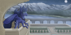 Size: 1333x667 | Tagged: safe, artist:reflex-pony, princess luna, alicorn, pony, g4, balcony, female, mare, moon, night, solo