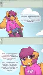 Size: 2124x3651 | Tagged: safe, artist:synnibear03, scootaloo, oc, oc:ponytale scootaloo, anthro, comic:ponytale, g4, comic, female, high res, scootaloo loves sans, solo, undertale