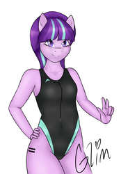 Size: 1847x2659 | Tagged: safe, artist:nero9, starlight glimmer, earth pony, anthro, g4, clothes, cute, equal cutie mark, female, glimmerbetes, hand on hip, high-cut clothing, missing horn, one-piece swimsuit, peace sign, race swap, signature, solo, sports swimsuit, swimsuit