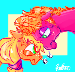Size: 978x933 | Tagged: safe, artist:burrburro, applejack, big macintosh, earth pony, pony, g4, angry, female, fight, glare, headbutt, male, mare, needs more saturation, sibling rivalry, snorting, stallion