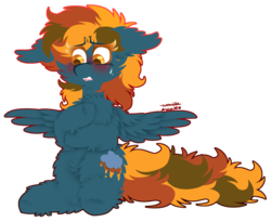 Size: 1024x841 | Tagged: safe, artist:vanillaswirl6, oc, oc only, oc:morning raindew mist, pegasus, pony, blushing, chest fluff, chibi, commission, cute, cute little fangs, ear fluff, fangs, female, floppy ears, hoof fluff, leg fluff, looking down, mare, open mouth, scrunchy face, simple background, sitting, solo, sweat, sweatdrop, transparent background