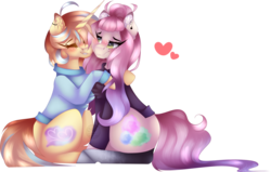 Size: 1024x650 | Tagged: safe, artist:mauuwde, oc, oc only, oc:cotton cloud, oc:leah, earth pony, pony, unicorn, chest fluff, clothes, female, hug, mare, simple background, sitting, sweater, transparent background