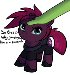 Size: 989x1057 | Tagged: safe, artist:neuro, fizzlepop berrytwist, tempest shadow, oc, oc:anon, pony, g4, my little pony: the movie, armor, broken horn, cute, female, horn, looking at you, mare, petting, simple background, transparent background