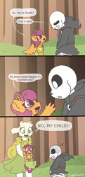 Size: 2124x4396 | Tagged: safe, artist:synnibear03, scootaloo, oc, oc:ponytale scootaloo, anthro, comic:ponytale, g4, clothes, comic, crossover, dress, reapertale, reapertale scootaloo, sans (undertale), toriel, undertale