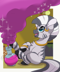 Size: 620x744 | Tagged: safe, artist:itstaylor-made, zecora, pony, zebra, g4, cute, ear piercing, earring, female, heart eyes, jewelry, missing cutie mark, piercing, potion, smiling, solo, wingding eyes, younger, zecorable