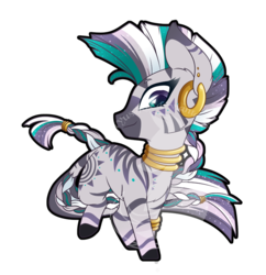 Size: 660x682 | Tagged: safe, artist:fuyusfox, zecora, pony, zebra, g4, alternate hairstyle, braid, braided tail, chibi, ear piercing, earring, ethereal mane, female, jewelry, looking at you, outline, piercing, rainbow power, rainbow power-ified, simple background, solo, starry mane, transparent background, watermark