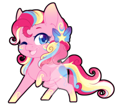 Size: 909x840 | Tagged: safe, artist:fuyusfox, pinkie pie, earth pony, pony, g4, chibi, female, looking at you, mare, one eye closed, rainbow power, simple background, solo, transparent background, wink
