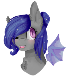 Size: 711x817 | Tagged: safe, artist:angelic-shield, derpibooru exclusive, oc, oc only, oc:crescentia, bat pony, pony, bat pony oc, blushing, bust, floating wings, one eye closed, simple background, smiling, solo, transparent background