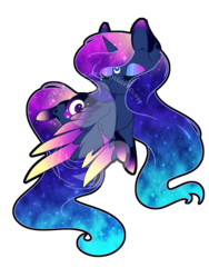 Size: 750x1000 | Tagged: safe, artist:fuyusfox, princess luna, alicorn, pony, g4, colored wings, ethereal mane, female, galaxy mane, gradient hooves, gradient wings, mare, rainbow power, rainbow power-ified, simple background, solo, starry wings, transparent background, watermark