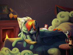 Size: 2840x2160 | Tagged: safe, artist:taneysha, fleetfoot, rainbow dash, pegasus, pony, g4, alcohol, bed, bedroom, book, commission, commissioner:fleetfoot, cuddling, cutie mark necklace, eyes closed, female, fireplace, fleetdash, glass, high res, jewelry, lesbian, mare, necklace, prone, romantic, shipping, snuggling, trophy, wine, wine bottle, wine glass