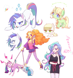 Size: 1500x1600 | Tagged: safe, artist:kkmrarar, adagio dazzle, aria blaze, granny smith, pinkie pie, princess celestia, rainbow dash, rarity, sonata dusk, dog, human, pony, unicorn, equestria girls, g4, clothes, converse, hair over one eye, humanized, japanese, looking at you, magical lesbian spawn, offspring, open mouth, parent:rainbow dash, parent:rarity, parents:raridash, shoes, simple background, species swap, white background, younger