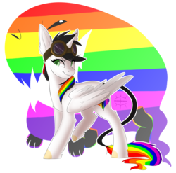 Size: 2680x2652 | Tagged: safe, artist:brinxx-creations, oc, oc only, oc:lightning bliss, oc:twink, alicorn, pony, alicorn oc, goggles, high res, looking at you, rainbow alicorn, rainbow hair, simple background, smiling, solo, transparent background, twink