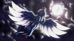 Size: 800x450 | Tagged: safe, artist:shad0w-galaxy, rainbow dash, pony, g4, animated, cinemagraph, cloud, female, flying, full moon, mare, moon, night, no sound, solo, spread wings, too big for derpibooru, webm, wings