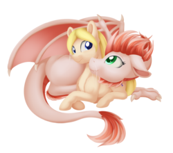 Size: 954x838 | Tagged: safe, artist:dusthiel, oc, oc only, oc:ariel radiance, oc:proba, dragon, pony, duo, simple background, transparent background