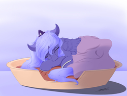 Size: 4000x3000 | Tagged: safe, artist:skitsroom, princess luna, alicorn, pony, g4, female, filly, mare, sleeping, solo, woona, younger