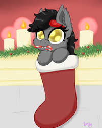 Size: 800x1000 | Tagged: safe, artist:luciusheart, oc, oc only, oc:silhouette umbrawing, bat pony, candle, candy, candy cane, christmas, christmas stocking, cute, food, holiday, weapons-grade cute