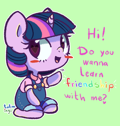 Size: 710x749 | Tagged: safe, artist:talimingi, twilight sparkle, anthro, g4, blush sticker, blushing, cute, female, filly, filly twilight sparkle, friendship, green background, heart eyes, looking at you, overalls, signature, simple background, sitting, solo, talking to viewer, twiabetes, waving, weapons-grade cute, wingding eyes, younger