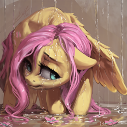Size: 600x600 | Tagged: safe, artist:assasinmonkey, fluttershy, pegasus, pony, g4, crying, digital painting, female, floppy ears, hunched over, mare, rain, sad, solo, wet, wet mane