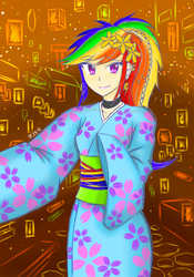 Size: 2893x4133 | Tagged: safe, artist:deeemperor, rainbow dash, human, g4, beautiful, clothes, ear piercing, earring, female, humanized, jewelry, looking at you, multicolored hair, piercing, smiling, solo, yukata