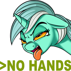 Size: 1022x1024 | Tagged: safe, artist:coinpo, lyra heartstrings, pony, unicorn, g4, >no hooves, angry, crossing the memes, disgusted, female, greentext, hand, meme, no hooves, nose wrinkle, open mouth, simple background, solo, subverted meme, text, that pony sure does love hands, tongue out, white background