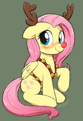 Size: 2057x3000 | Tagged: safe, artist:moozua, fluttershy, deer, pegasus, pony, g4, antlers, blushing, christmas, cute, female, floppy ears, folded wings, high res, holiday, looking at you, looking sideways, mare, raised hoof, red nose, reindeer antlers, shyabetes, simple background, sitting, sketch, smiling, solo, wings