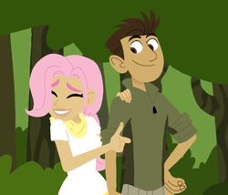 Size: 899x768 | Tagged: dead source, safe, artist:skyfall00silva, fluttershy, human, g4, big lips, chris kratt, crossover, female, forest, humanized, lips, male, shipping, straight, style emulation, wild kratts