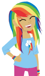 Size: 328x545 | Tagged: dead source, safe, artist:skyfall00silva, rainbow dash, human, g4, alternate hairstyle, clothes, cute, cutie mark on clothes, dashabetes, eyes closed, female, hand on hip, humanized, laughing, simple background, solo, style emulation, transparent background, wild kratts, wristband