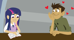 Size: 981x533 | Tagged: dead source, safe, artist:skyfall00silva, twilight sparkle, human, g4, chris kratt, clothes, crossover, crossover shipping, cutie mark on clothes, female, humanized, male, reading, shipping, straight, style emulation, wild kratts