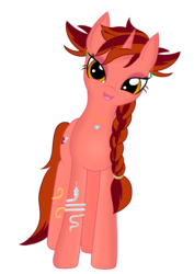 Size: 1240x1754 | Tagged: safe, artist:fimbulvinter, oc, oc only, oc:ruby quartz, pony, unicorn, 2018 community collab, derpibooru community collaboration, armlet, braid, diamond, ear piercing, earring, female, gem, jewelry, looking at you, mare, piercing, simple background, smiling, solo, transparent background