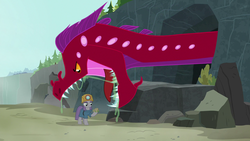 Size: 1280x720 | Tagged: safe, screencap, maud pie, earth pony, pony, quarray eel, g4, rock solid friendship, drool, fangs, female, fetish fuel, helmet, imminent vore, mare, mining helmet, peril, rock, solo