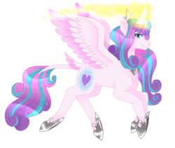 Size: 1814x1540 | Tagged: safe, artist:djspark3, princess flurry heart, alicorn, pony, g4, curved horn, female, glowing horn, hoof shoes, horn, jewelry, leonine tail, older, older flurry heart, regalia, signature, simple background, smiling, solo, spread wings, transparent background, wings