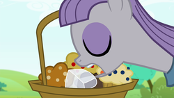 Size: 1280x720 | Tagged: safe, screencap, maud pie, earth pony, pony, g4, maud pie (episode), basket, eyes closed, female, food, mare, muffin, open mouth, picnic basket, rock, solo