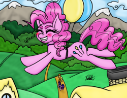 Size: 2090x1617 | Tagged: safe, artist:katkathasahathat, applejack, pinkie pie, twilight sparkle, alicorn, earth pony, pony, g4, balloon, cute, female, floating, flying, house, mare, pink, ponyville, solo focus, then watch her balloons lift her up to the sky, tree, twilight sparkle (alicorn)