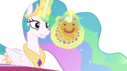 Size: 6000x3375 | Tagged: safe, artist:etherium-apex, princess celestia, alicorn, pony, a royal problem, g4, .svg available, absurd resolution, blueberry, cute, female, food, magic, mare, pancakes, simple background, smiling, solo, strawberry, transparent background, vector, whipped cream
