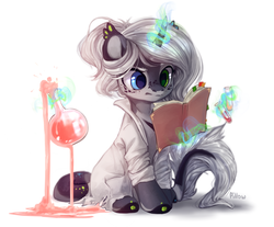 Size: 2067x1712 | Tagged: safe, artist:graypillow, oc, oc only, pony, unicorn, book, chemistry, clothes, female, florence flask, glowing horn, heterochromia, horn, lab coat, magic, mare, potion, reading, solo, spill, telekinesis