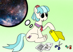 Size: 1040x750 | Tagged: safe, artist:rdash2116108, coco pommel, earth pony, pony, g4, butt, plot, simple background, sitting, space