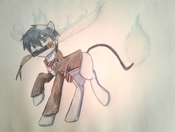Size: 1012x760 | Tagged: safe, artist:ponime11, pony, blue exorcist, clothes, mouth hold, ponified, rin okumura, solo, traditional art