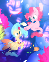 Size: 1633x2093 | Tagged: safe, artist:akainu_pony, pinkie pie, princess skystar, earth pony, seapony (g4), g4, my little pony: the movie, blue mane, bubble, duo, eyelashes, female, fin wings, fins, fish tail, flowing mane, freckles, glowing, happy, jewelry, looking at each other, looking at someone, mare, necklace, ocean, open mouth, pearl necklace, pink mane, scales, seaponified, seapony pinkie pie, seaquestria, seashell necklace, singing, smiling, smiling at each other, species swap, swimming, teeth, underwater, water, wings